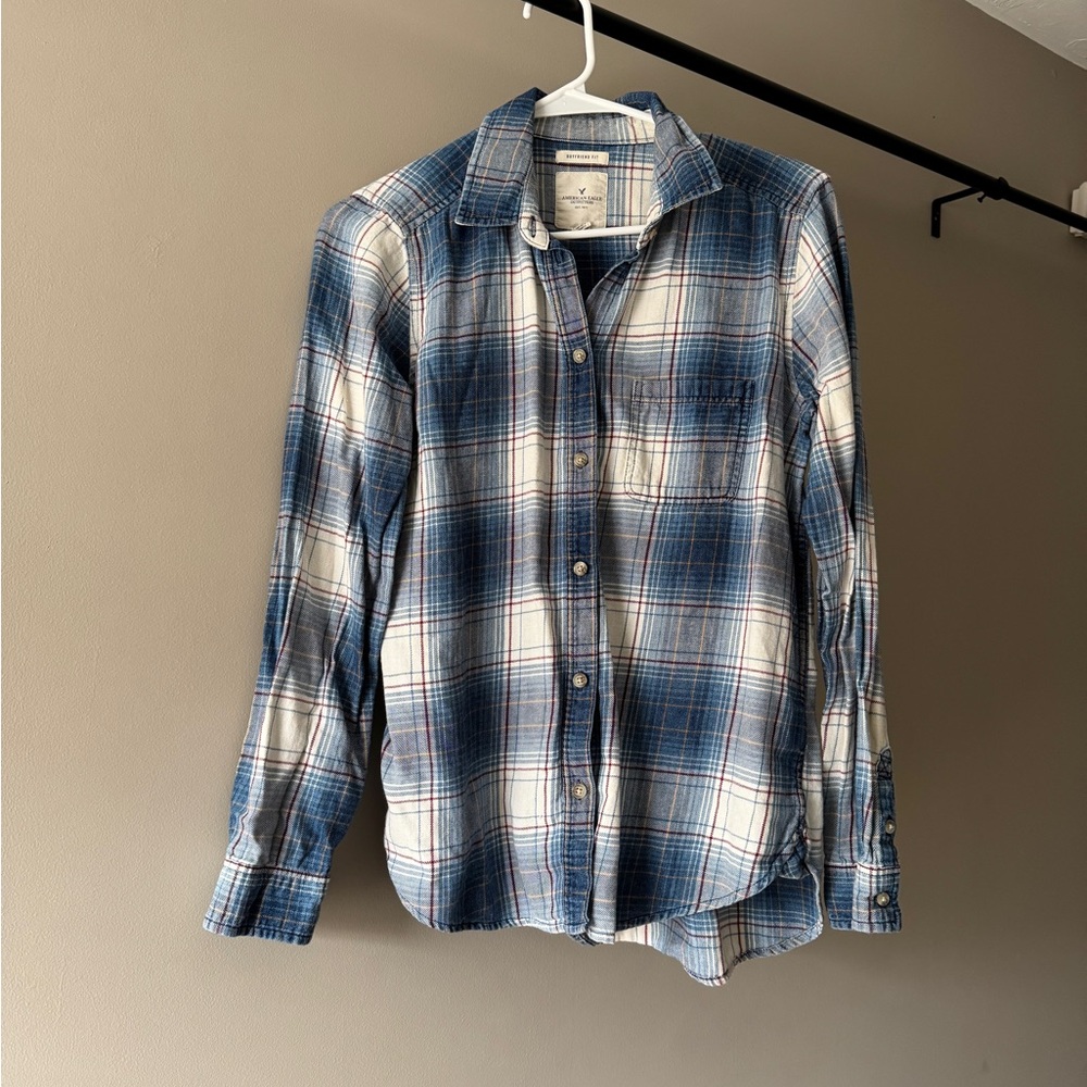 Women’s Boyfriend Fit Blue Plaid Flannel Shirt